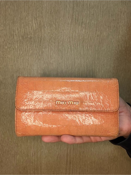 Miu Miu Handbags - Authentic Miu Miu Glossy Croc-Embossed Wallet with Gold Logo and Clasp Pocket